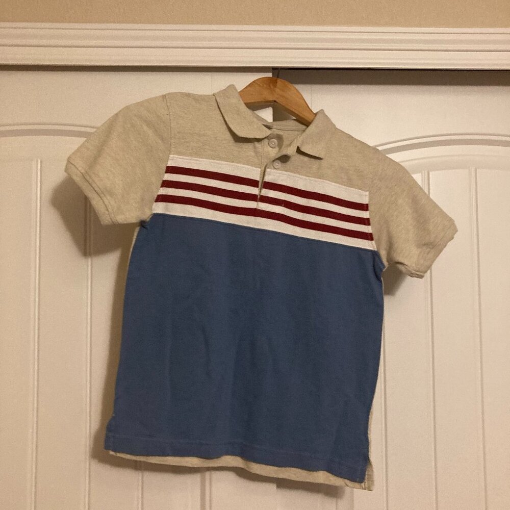 Gymboree Polo Style Collared Shirt 7 Tan with Blue Panel and Red White Stripes